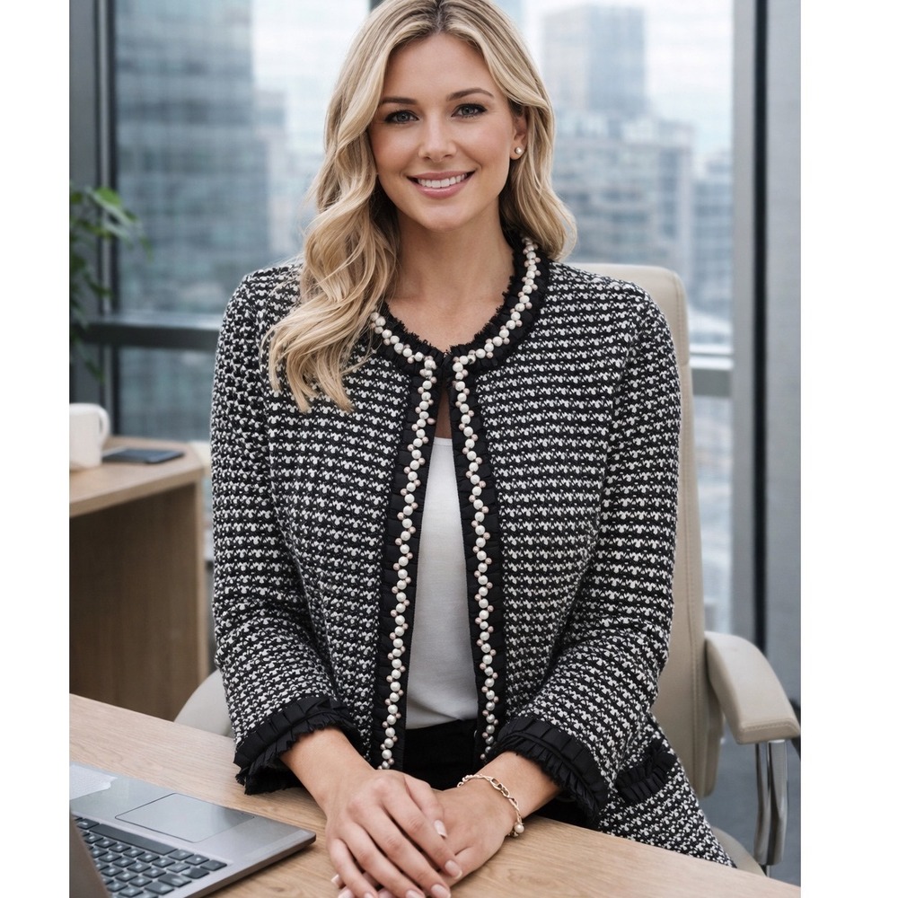 Peter Nygard Black White Houndstooth Tweed Pearl Trim Cardigan Business Jacket M